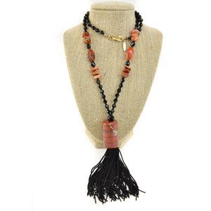 CHLOE: Black, Faceted Beads & Polished Stones Tassel Necklace (mn)